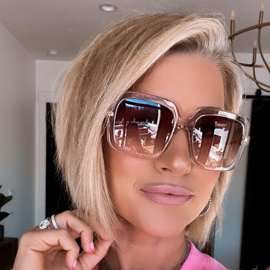 SANDRA - LIGHT PINK CRYSTAL + DUSK GRADIENT SUNGLASSES - Image 7