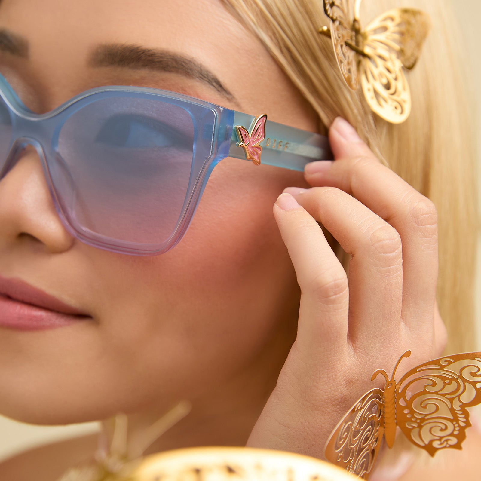 GLINDA UPLAND BUTTERFLY - IRIDESCENT PASTEL BLUE + LAVENDER + OPALESCENT GRADIENT PINK SUNGLASSES - Image 8