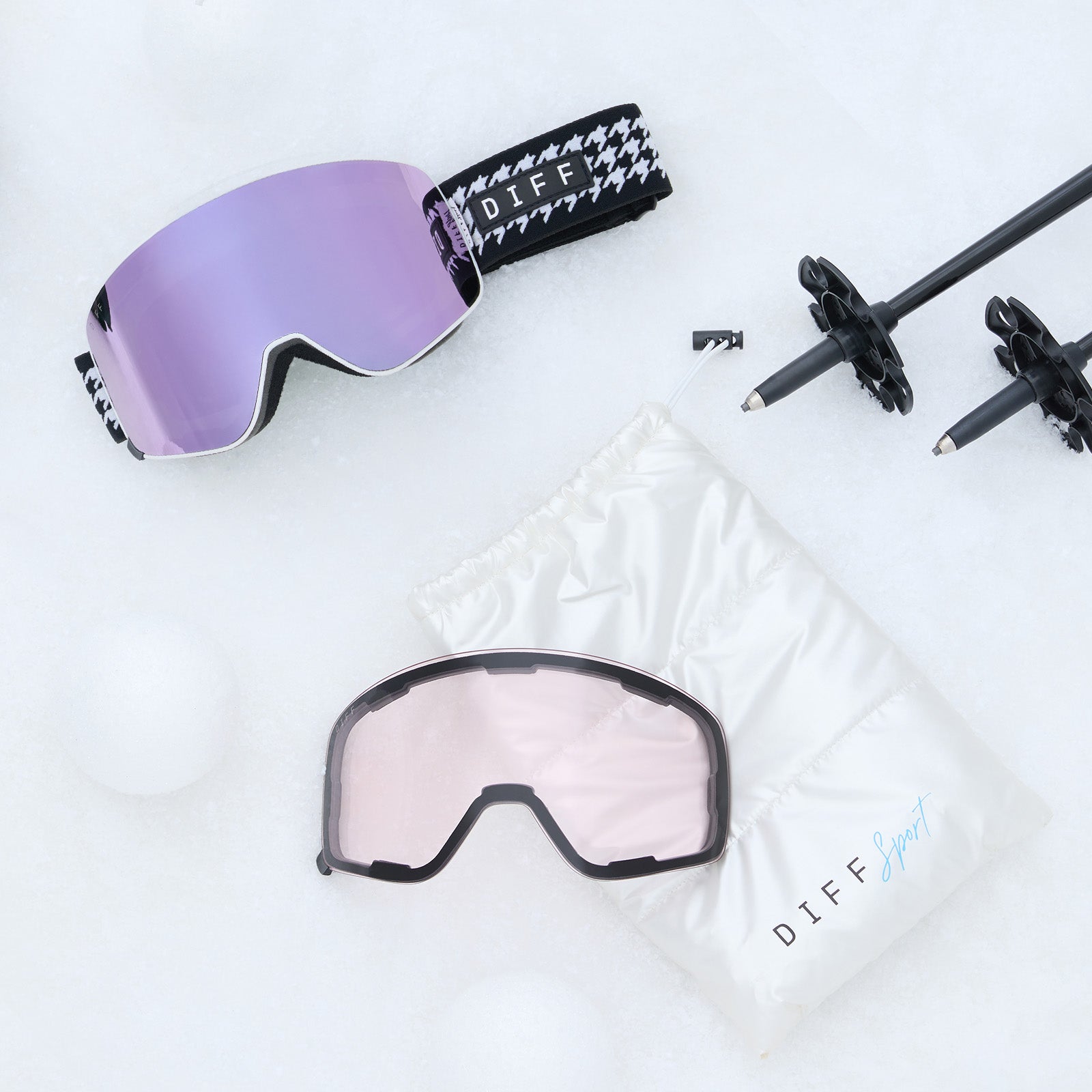 SNOW GOGGLES - FROST + HOUNDSTOOTH + LILAC MIRROR + POLARIZED GOGGLES & FREE AURORA PINK LENS - Image 6