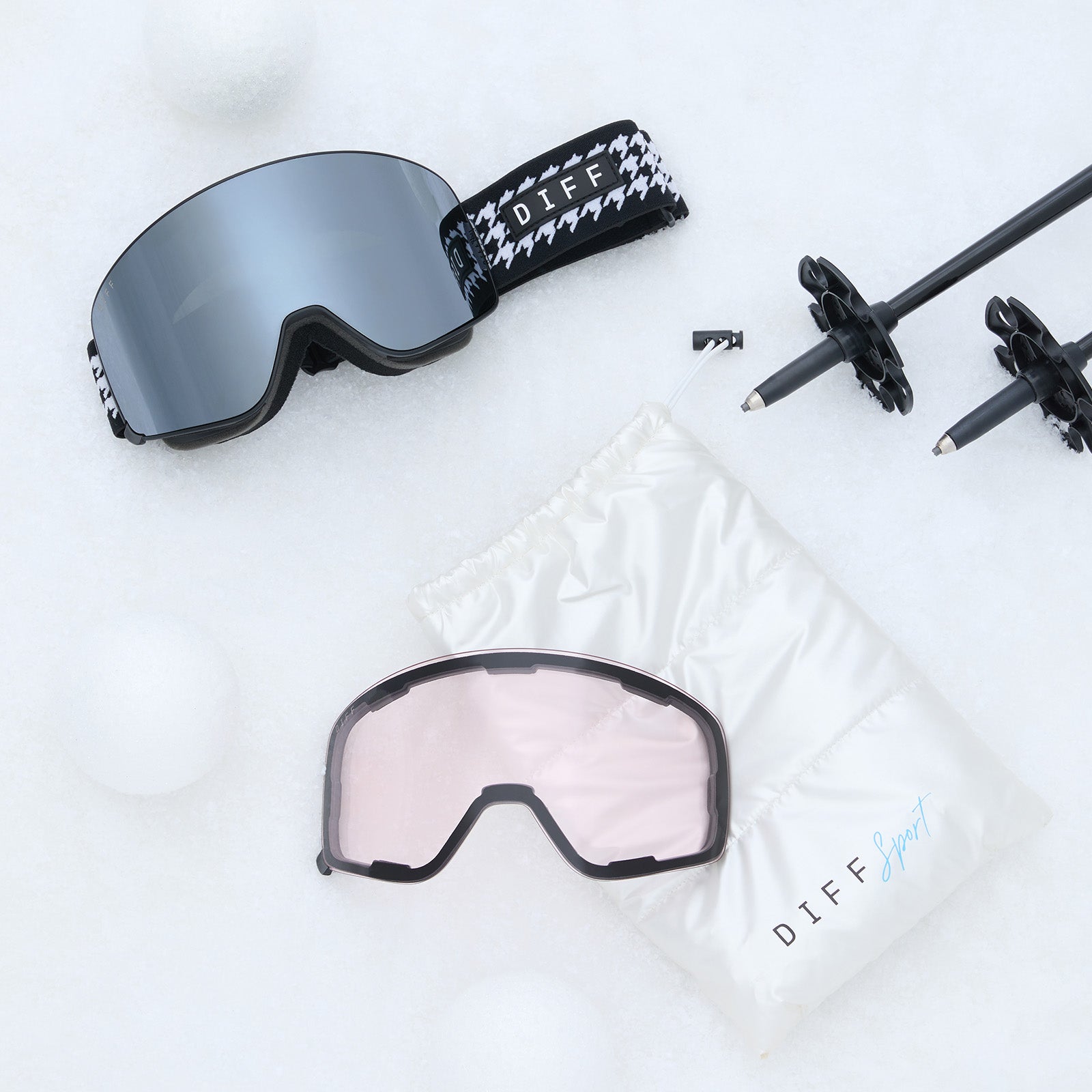 SNOW GOGGLES - FROST + HOUNDSTOOTH + SILVER MIRROR + POLARIZED GOGGLES & FREE AURORA PINK LENS - Image 8