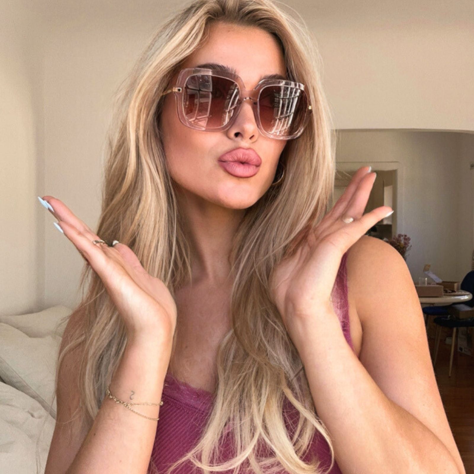 SANDRA - LIGHT PINK CRYSTAL + DUSK GRADIENT SUNGLASSES - Image 8